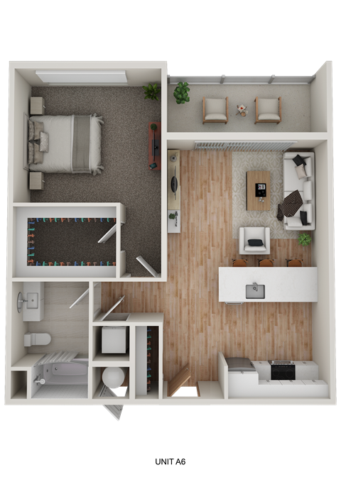 A 3D floor plan of a small apartment with a bedroom, living room, and kitchen.